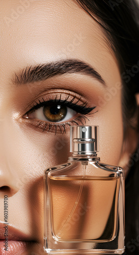 Close-up of woman's face with perfume bottle