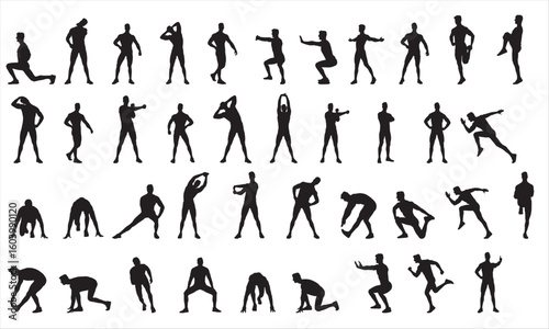 Workout Silhouettes, Man Exercising Vector Illustration on White Background.