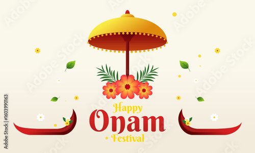 Happy Onam Festival Celebration with Big Yellow Umbrella and Floral Elements Flat Design Illustration