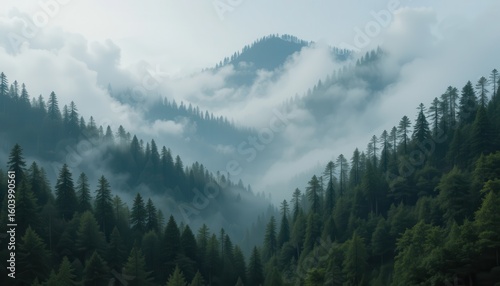 Majestic Peaks and Whispering Mists: Witness the awe-inspiring embrace of nature as dense fog gently caresses the towering mountains, creating a serene atmosphere of natural wonder.