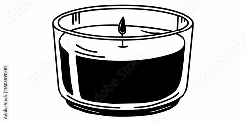 Illustration of a candle in a glass jar with a lit wick and black wax filling the container
