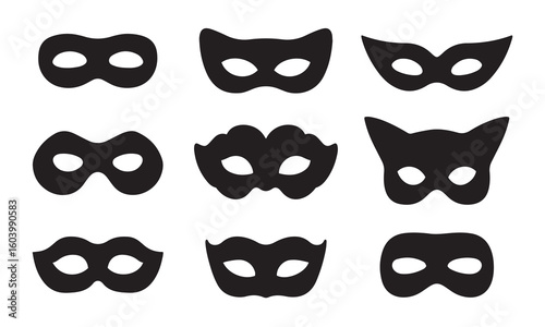 Mask Silhouette Icon Set. 9 Unique Costume and Masquerade Designs in Black for Party Graphics, Theatrical Themes, and Stylish UI Elements.