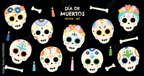 Sugar skull hand drawn vector set. Mexican dia de muertos day of the dead holiday skulls. Calavera illustrations. Clipart set, editable elements with transparent background. Colorful mexican set.