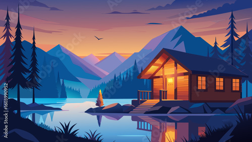 Flat vector scene of a quiet riverside cabin at dusk with glowing windows, pine trees, and mountains in the distance