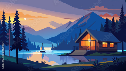 Flat vector scene of a quiet riverside cabin at dusk with glowing windows, pine trees, and mountains in the distance