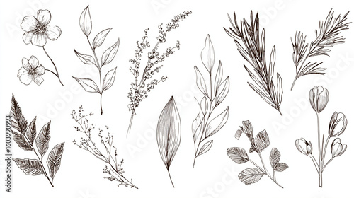 A collection of botanical sketches featuring flowers leaves and plant stems
