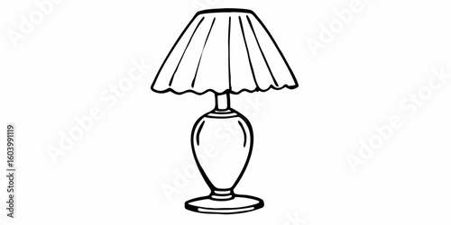 Illustration of a table lamp with a pleated lampshade and a decorative base in black and white style