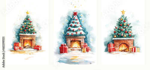 Watercolor Christmas tree and fireplace, cozy winter holiday decoration