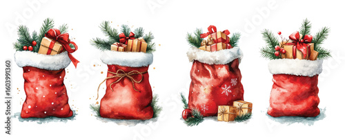Watercolor Christmas Santa Claus's gift bag with present red gift box winter illustration New Year card