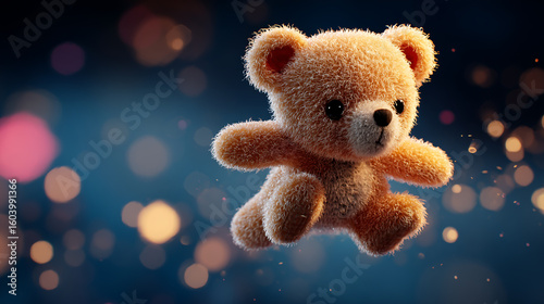 A fluffy teddy bear floats against a bokeh background