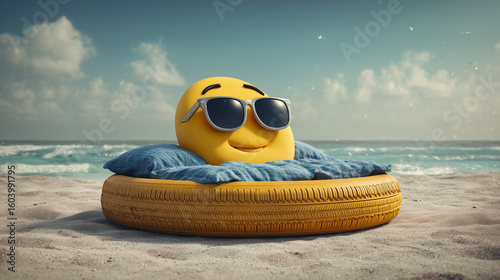 A yellow emoji with sunglasses relaxes on a blue pillow atop a tire at the beach, facing the ocean. The scene captures a calm and sunny day near the water.
