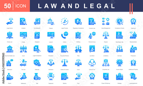 Law and Legal icon set featuring icons for legal advice, court, contract law, ethics, litigation, compliance, and legal documents. Ideal for law firms, justice projects, and legal services.