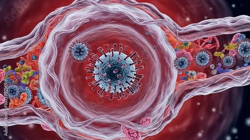 A 3D medical illustration of coronavirus particles and cytokines within a blood vessel
