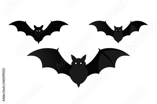 Three cute black bat silhouettes flying against a white background