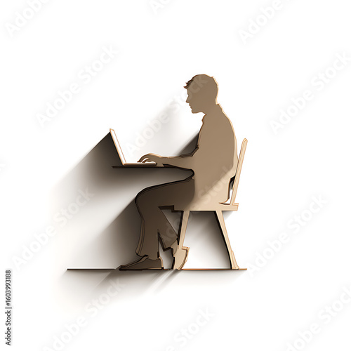 Office worker using laptop at desk, side view silhouette