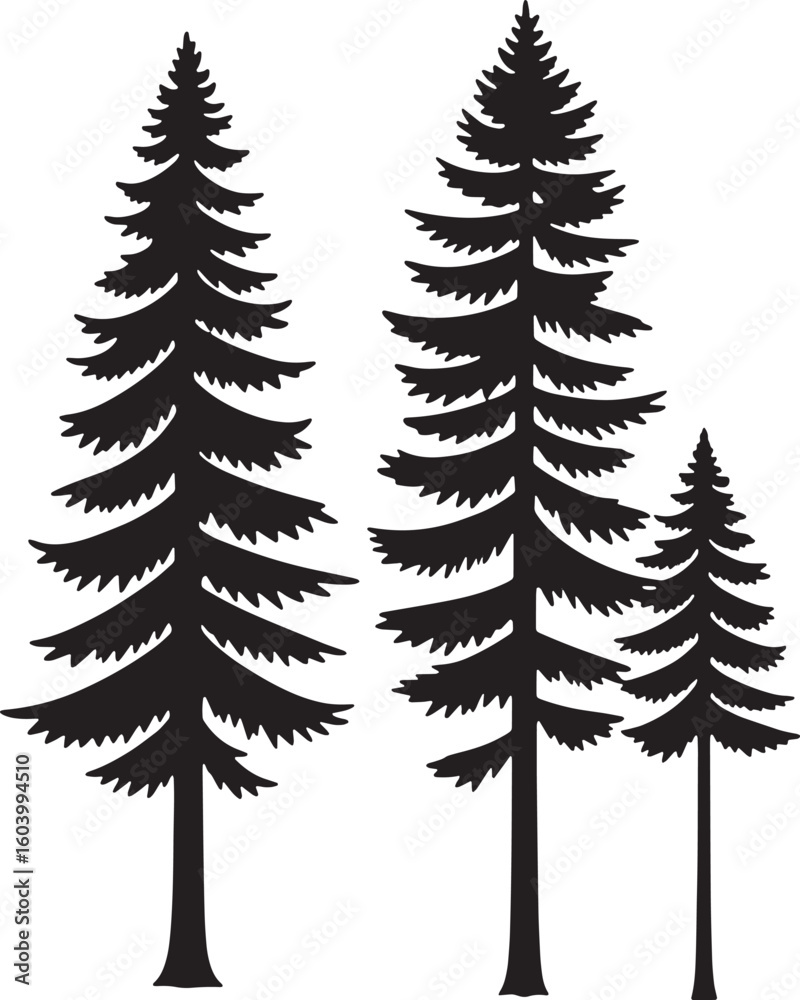 Fototapeta premium Silhouette of several fir trees standing tall against a white background simple design