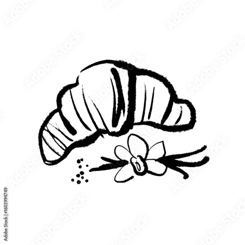 Hand drawn croissant with vanilla flower, logo for sweet pastry shop. Minimal sketch bakery vector illustration