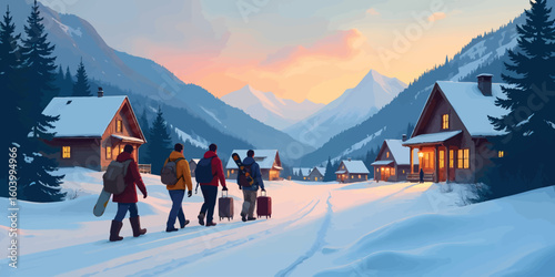 Four friends with luggage walk towards a snowy village nestled in a mountain valley at sunset.