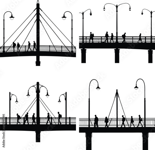 Silhouetted pedestrians crossing a bridge with streetlights
