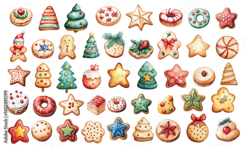 Watercolor Christmas sweets, candies and cookies New Year holiday set