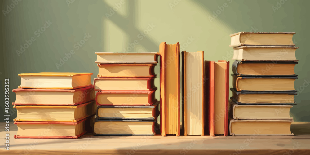Fototapeta premium Stacks of hardcover books arranged on a wooden surface in bright, natural light.