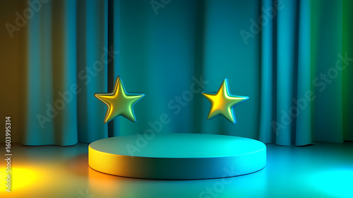 Two glowing stars hanging over empty podium on stage with curtains and dramatic lighting