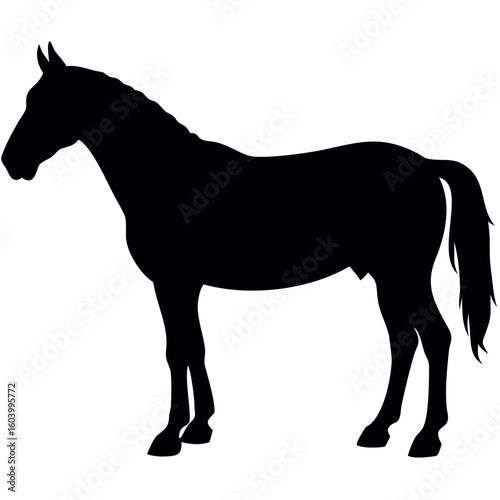 Silhouette of a standing horse with a flowing mane and tail in solid black against a white background created with generated ai
