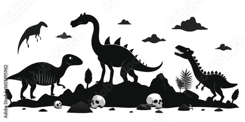 Black silhouette illustration of various dinosaurs amidst landscapes and clouds with skulls isolated on white