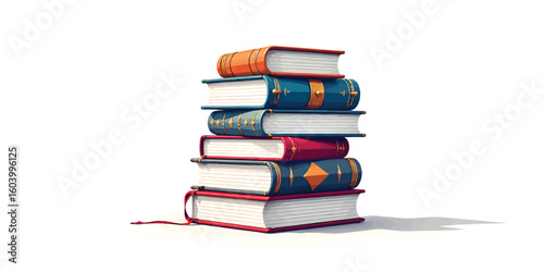 Stack of colorful hardback books, various shades,  resting on a white background.