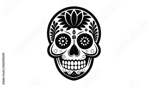 Intricate black and white sugar skull design