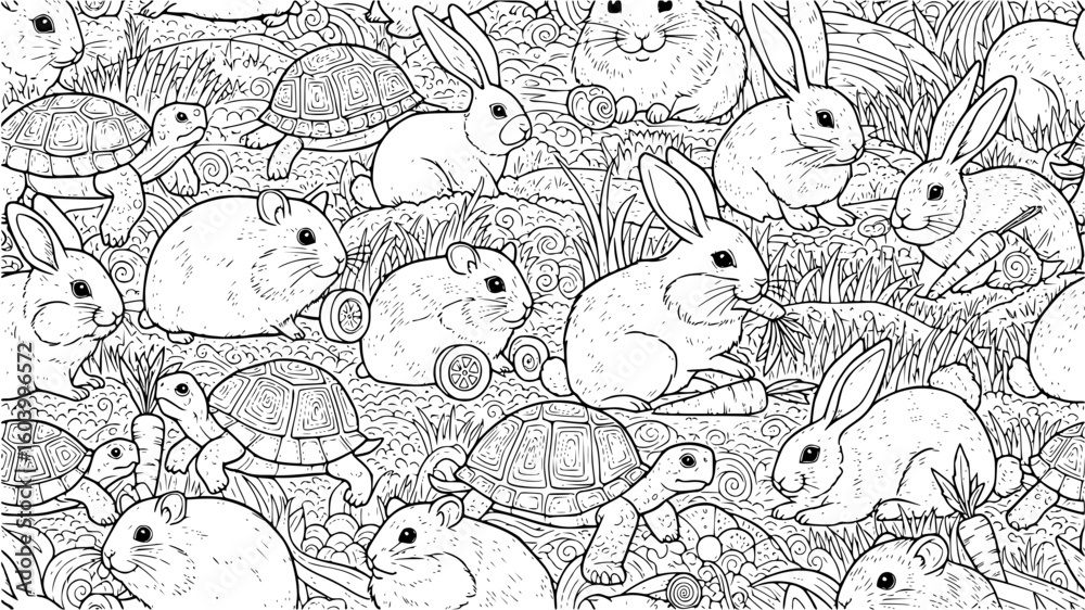 Fototapeta premium A charming seamless pattern of cute hamsters, rabbits, and turtles in a natural grassy environment