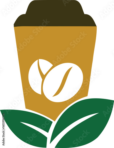 Coffee Cup with Lid, White Beans, and Green Leaves – Organic Beverage Vector Illustration for Branding