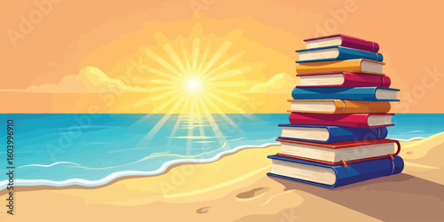 A vibrant illustration of a stack of books on a sunny beach.