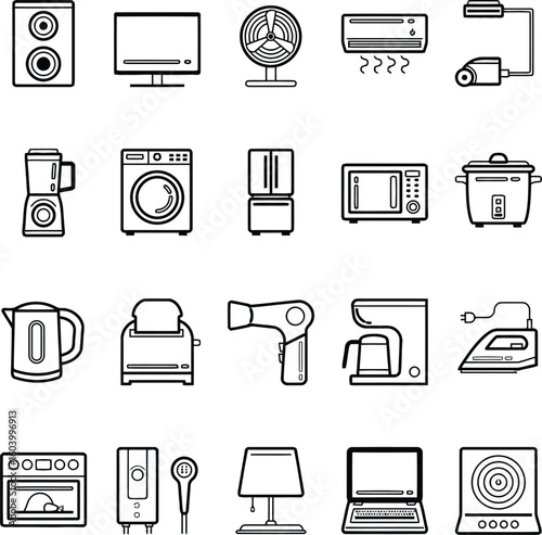 Set of 20 Household Appliance and Electronic Icons – Minimal Vector Symbols for Domestic Utility Design