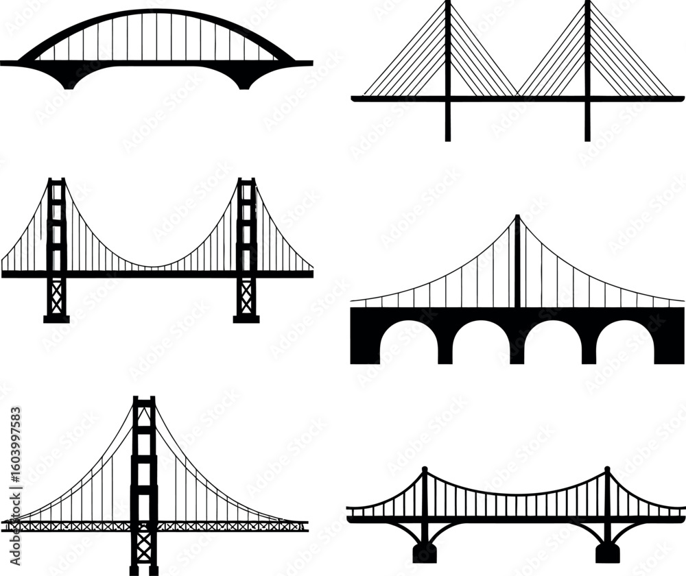 Obraz premium Six black silhouette bridge designs including suspension and arch styles suspension bridge arch bridge