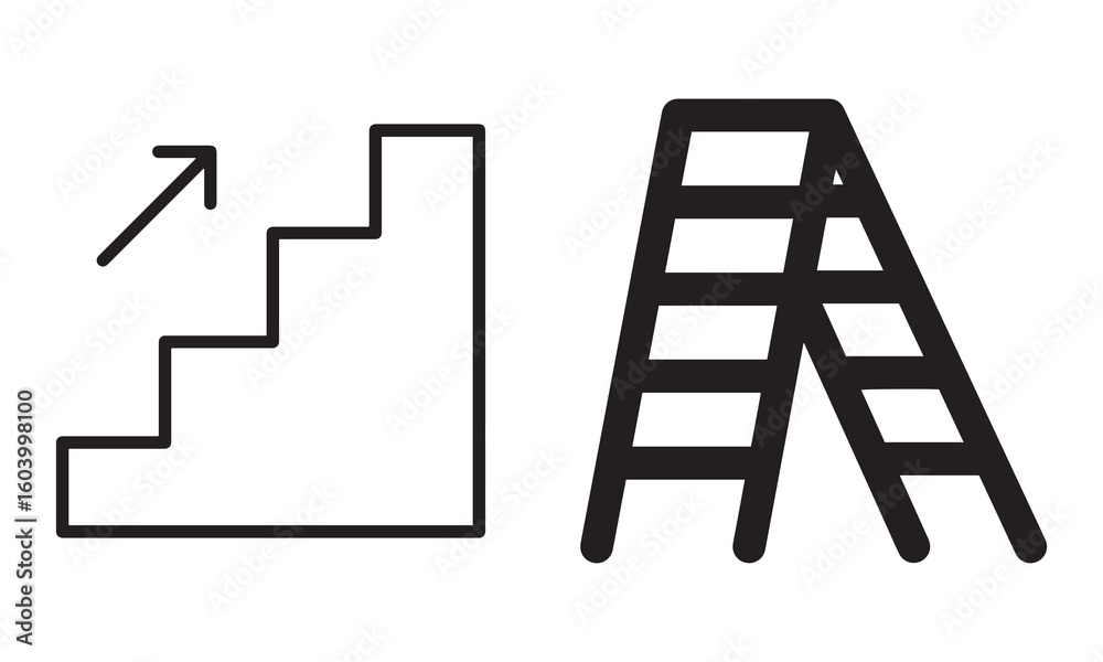 Staircase vs Ladder Icon Set. Symbolic Comparison of Climbing Tools. Staircase vs Ladder Icon Set. Symbolic Comparison of Climbing Tools.