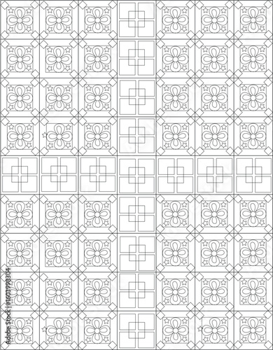 Seamless black and white line art quilt pattern with elegant floral and abstract geometric blocks, ideal for fabric, crafts, and coloring pages.