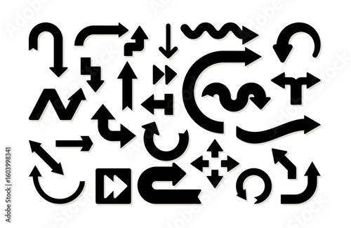 black set arrows with turn around zig zag and curve sign
