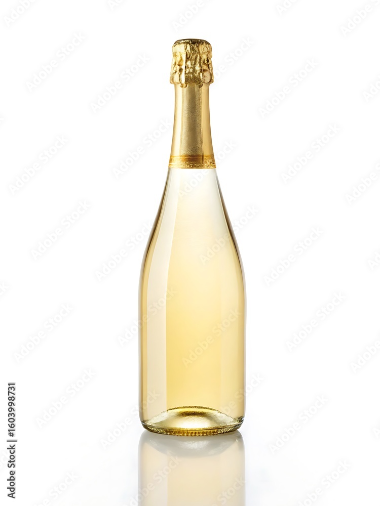 Fototapeta premium Golden capped sparkling wine bottle champagne glass