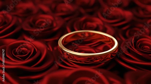 Gold ring red rose flower closeup romantic love symbol shiny metal wedding band golden ring red rose petals creates romantic and elegant atmosphere with rich colors and soft textures symbolizing love