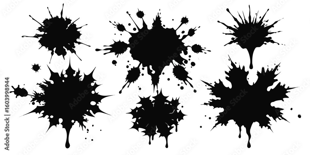 Fototapeta premium Collection of black ink splatter designs on white background showcasing creative abstract paint splashes ready for graphic design applications