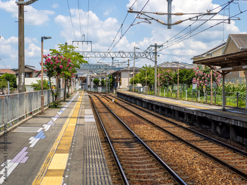 Naklejka premium 百日紅の花が咲く駅の風景