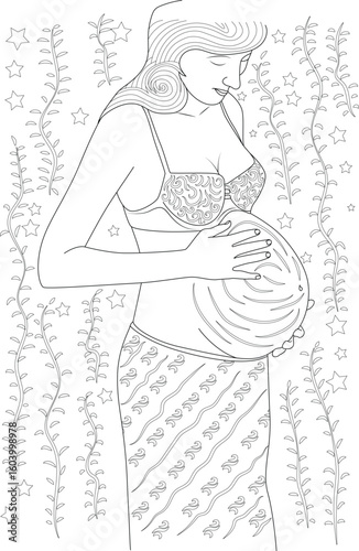 Detailed black and white outline of an expectant mother for coloring, perfect for relaxation and creative expression.