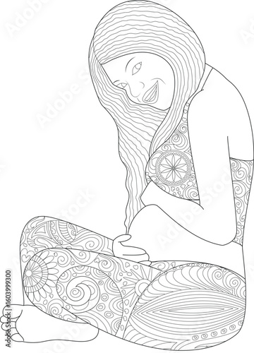 Joyful Pregnant Woman Adult Coloring Page, Outline Vector Illustration with Detailed Mandala and Abstract Designs for Coloring.