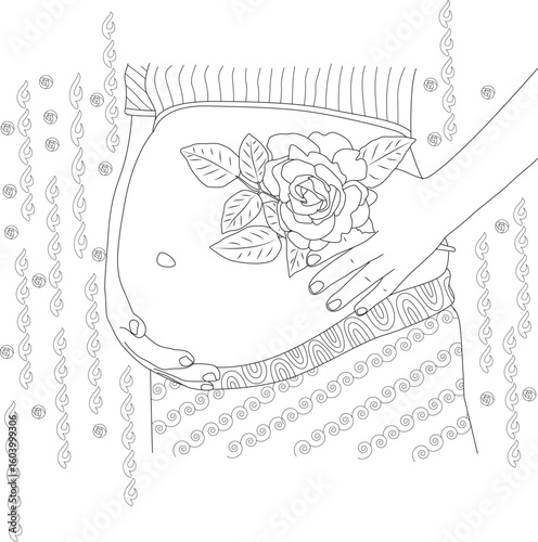 Abstract line art of a pregnant belly with hands and a rose, symbolizing motherhood, new life, and anticipation for coloring books.