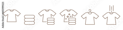 T-shirts line icon set, Editable stroke isolated on transparent background. Icon of neatly stacked pile of T-shirts. Washing, drying, ironing service icons. Clean shirt linear icons. 