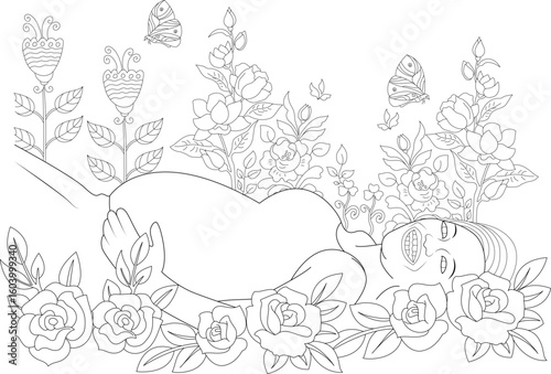 Peaceful pregnant woman amidst blooming flowers and butterflies, tenderly cradling her baby bump. Serene line art, motherhood concept.