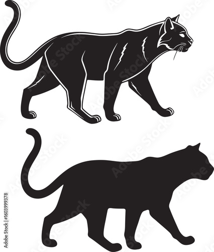Black wild cat animal silhouettes including tiger, leopard, and panther vector illustrations