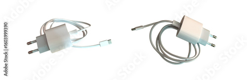 White USB Charger and Power Cable on transparent background