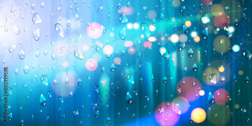 Raindrops flowing down the window with streetlights and car headlights, city night scene